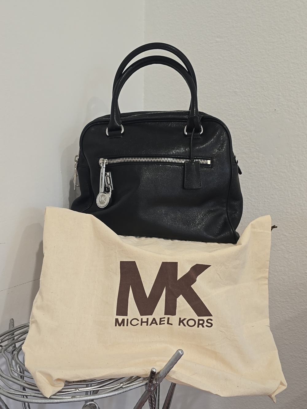 Michael Kors Black Leather Satchel with Silver Hardware